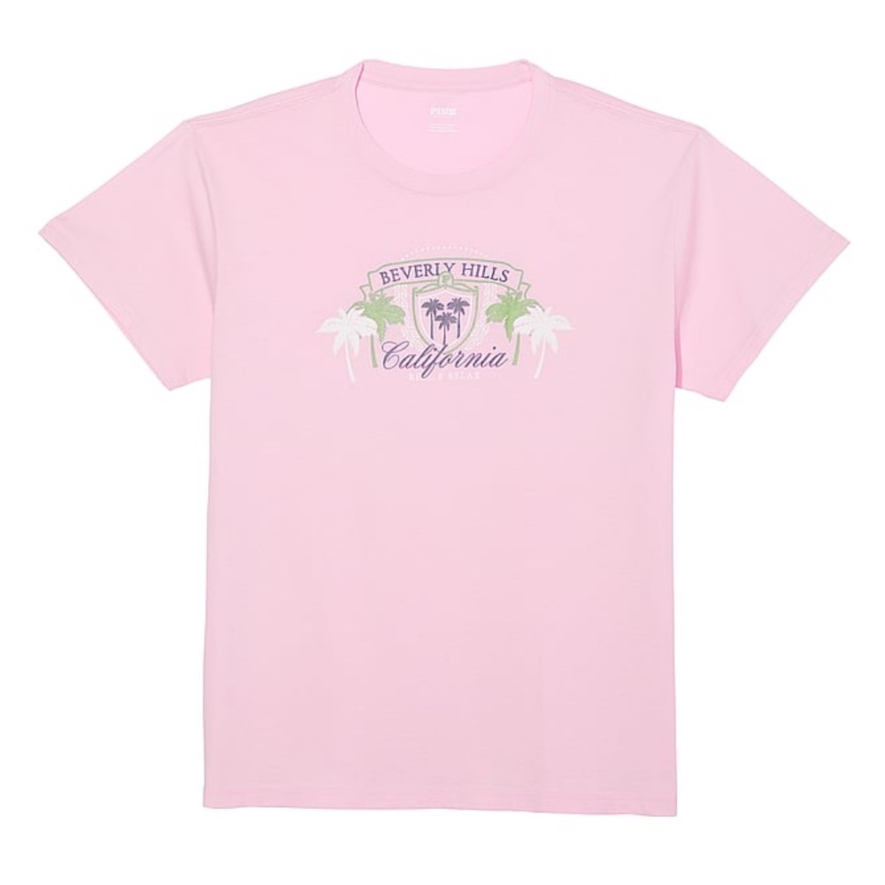 NWT Victoria’s Secret PINK Oversized Short Sleeve Tee Pink Beverly Hills CA Sz S
